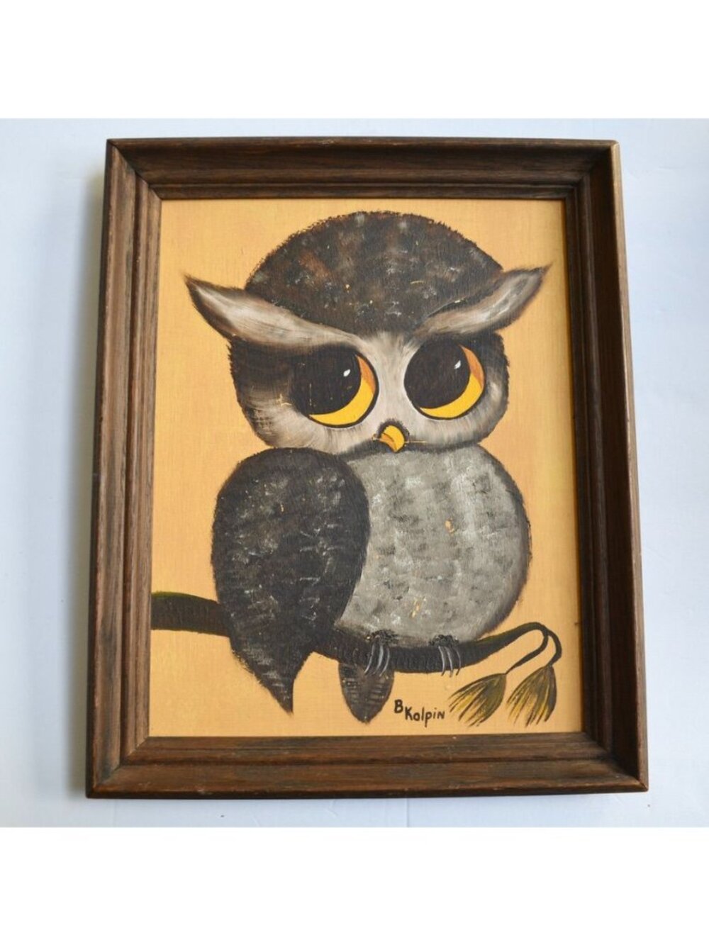 Vintage Owl On Branch Folk Art Handpainted BIG EYES MCM Signed